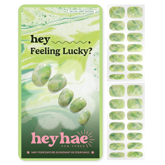 Heyhae Semi Cured Gel Nail Strips | No LED Lamp Needed | Summer, Marble, Green | Easy Apply & Remove, Salon Quality | Includes 28 Strips, 1 Prep Pads, Nail File & Wooden Stick - Hey, Feeling Lucky?