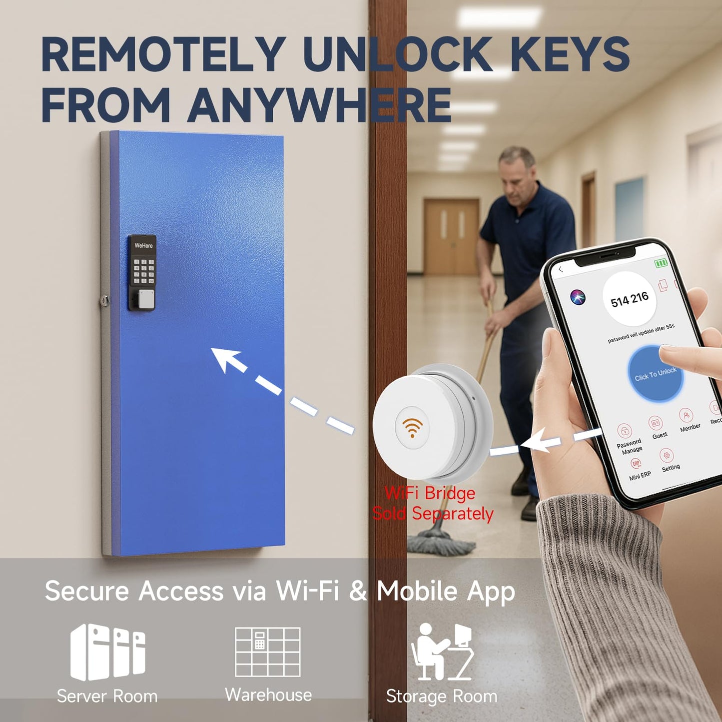 WeHere 120-Key Key Lock Box Wall Mount – Commercial Smart Key Cabinet Organizer with App, One-Time Code, Bluetooth & WiFi Unlock (Sold Separately), Key Management System for School, Rental, Office