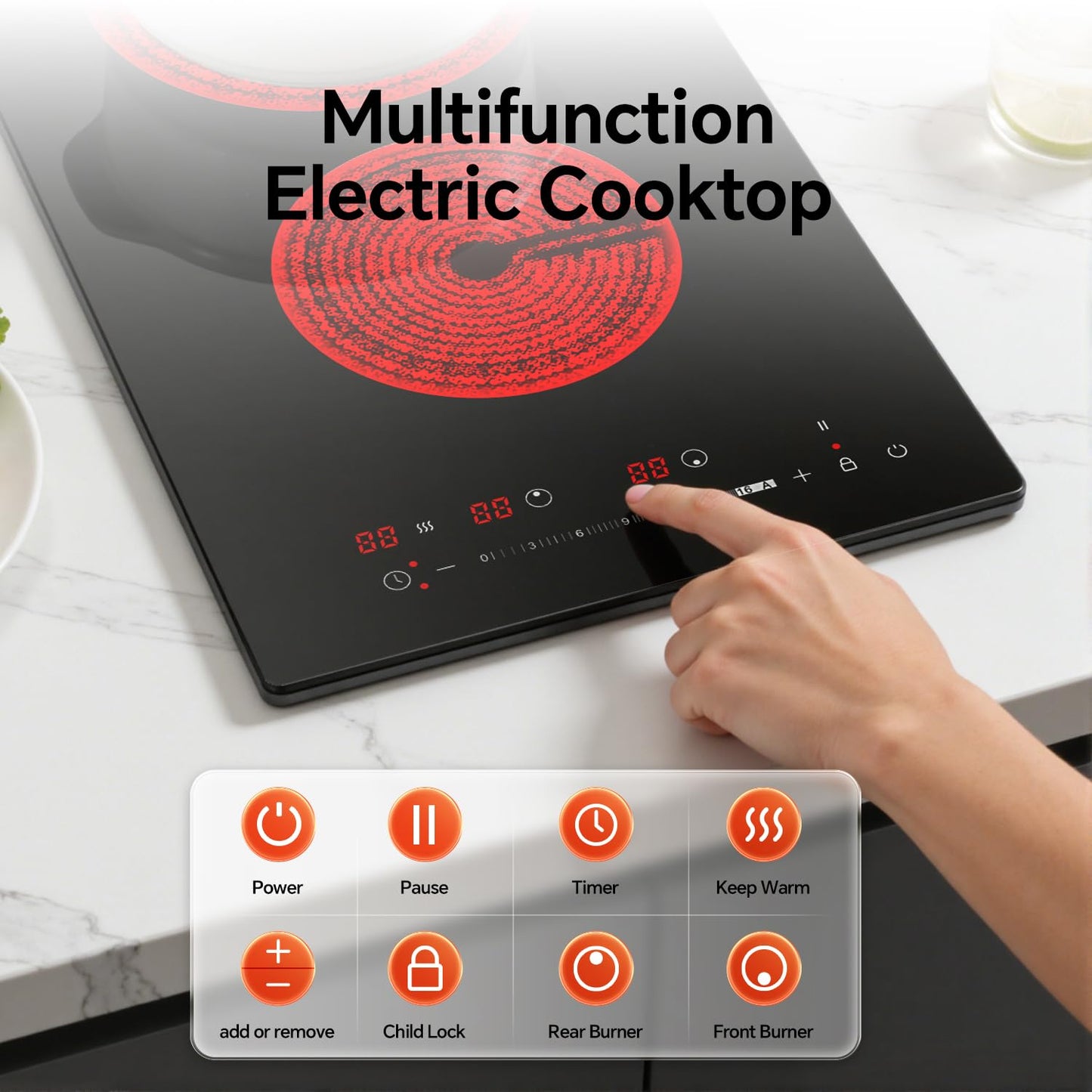 Ranein Electric Cooktop with 2 Burners, 12 inch 3000W 240V Ceramic Panel Electric Cooktop, Multiple Safety Protections Stove, Touch Screen
