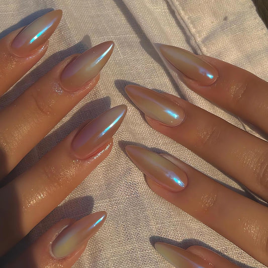 IMSOHOT Almond Press on Nails Medium Aurora Fake Nails Glossy Full Cover Acrylic False Nails Stiletto Chrome Artificial Glue on Nails for Women and Girls 24pcs