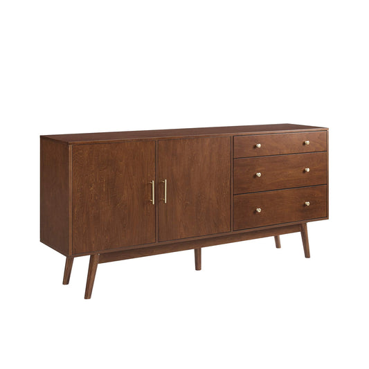 Walker Edison Mid-Century Modern Wood Kitchen Buffet Sideboard Entryway Serving Storage Cabinet Doors Dining Room Console, 70 Inch, Walnut