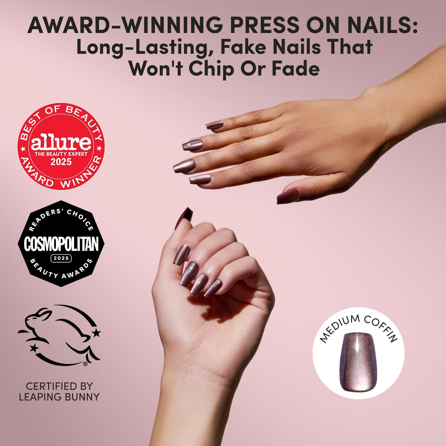 Glamnetic Press On Nails - Brown Medium Coffin Fake Nails with a Velvet Finish | Salon Quality Vacation Nails | Espresso Glow |15 Sizes - 30 Nail Kit with Glue