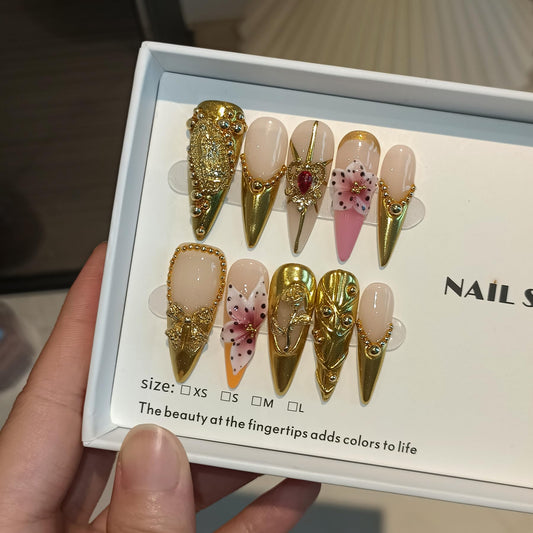 TENPAL Antique Gold French Tips Press on Nails Long Stiletto,Baroque Style Fake Nails with 3D Charms Roses,Cherubs,Bows,Soft Gel Metallic Fake Nails Kit Tools 10pcs,Full Cover Vintage Luxe Nails(M)