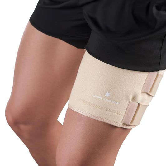 SportEmblema 2026 Upgraded Thigh Compression Sleeve for Men & Women, Sturdier Non-Slip Hamstring Compression Wrap for Quad & Leg Support, Hook and Loop Thigh Brace for Pulled Muscle, Fits 16"-24"-Skin