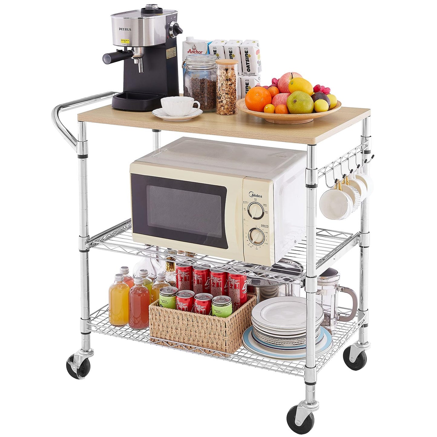 3 Tier Rolling Kitchen Cart with Wood Tabletop, Kitchen Island Carts with Wheels & Slider Shelf, Microwave Cart on Wheels, Coffee Cart with Hooks, 35.4" L*18.1" W*31.9" H，Wood+Chrome