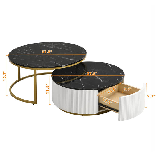 Ball & Cast Round Coffee Table Set of 2,Nesting Desk with Drawers,Smooth Durable Marble Tabletop and Fluted Design,Easy Care & Stain Resistance 31.5" for Bedroom,Living Room,Black & Gold