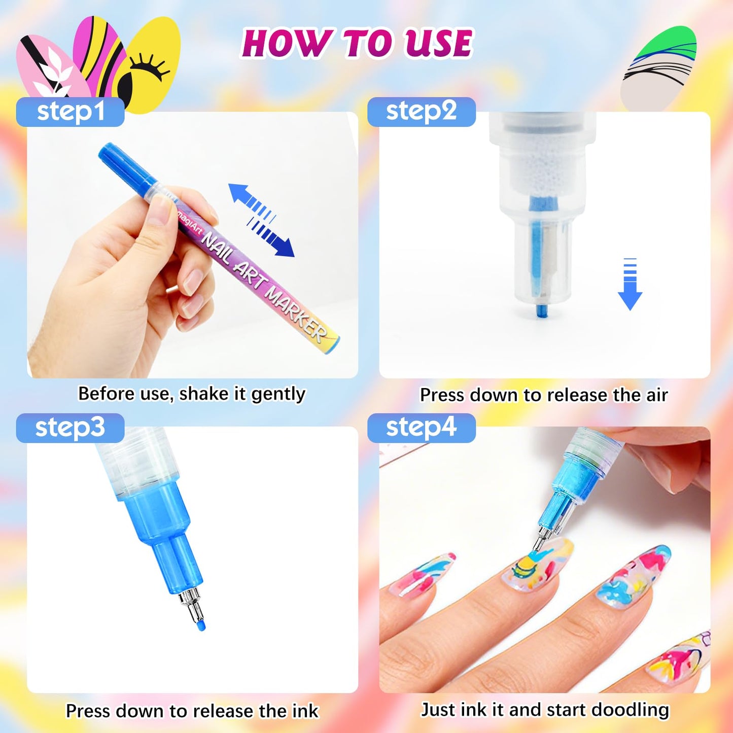 VIVIBOOM Glow In The Dark Nail Art Pens, 24 Color 0.5 MM Fluorescent Neon Nail Polish Pens Set Drawing Point Painting Liner Painted Pen Kit, Waterproof Nail for DIY Design Manicure Tools