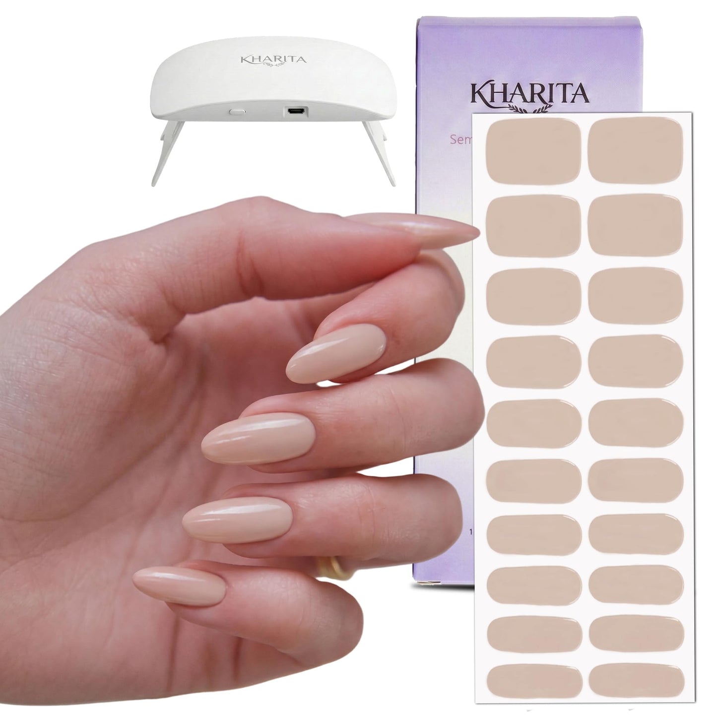 KHARITA Semi Cured Gel Nail Strips – Real Gel Nail Polish Wraps for Brittle Nails | Waterproof Long Lasting Easy Peel-Off Removal | Hema-Free | 20-Piece Nude Salon Sticker Kit with UV Light