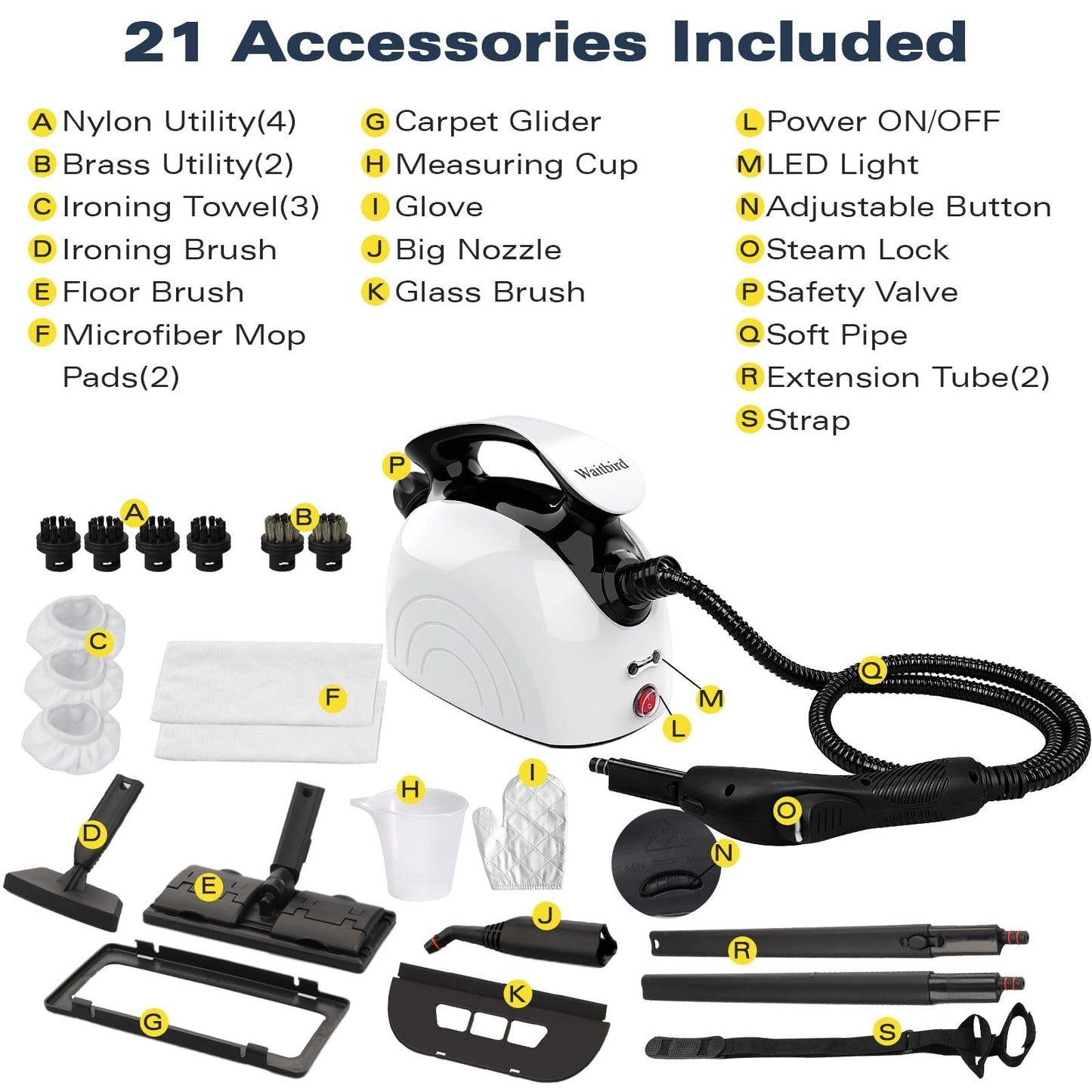 Steam Cleaner, Steam Cleaner For Home, Handheld Steamer For Cleaning With 21 Accessories, 248 °F High Temperature, Suitable for Grout, Floor. Sofas, Upholstery, White