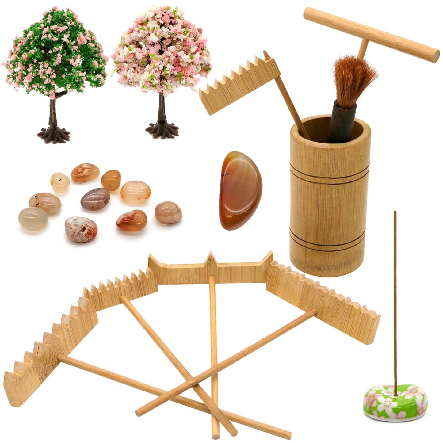 Zen Garden Rake Accessories - Miniature Tabletop Zen Garden Kits Tools w/Bamboo Rakes Holder Japanese Meditation Rock Sand Garden Kits Set for Birthday Zen Gifts Zen Room Decor