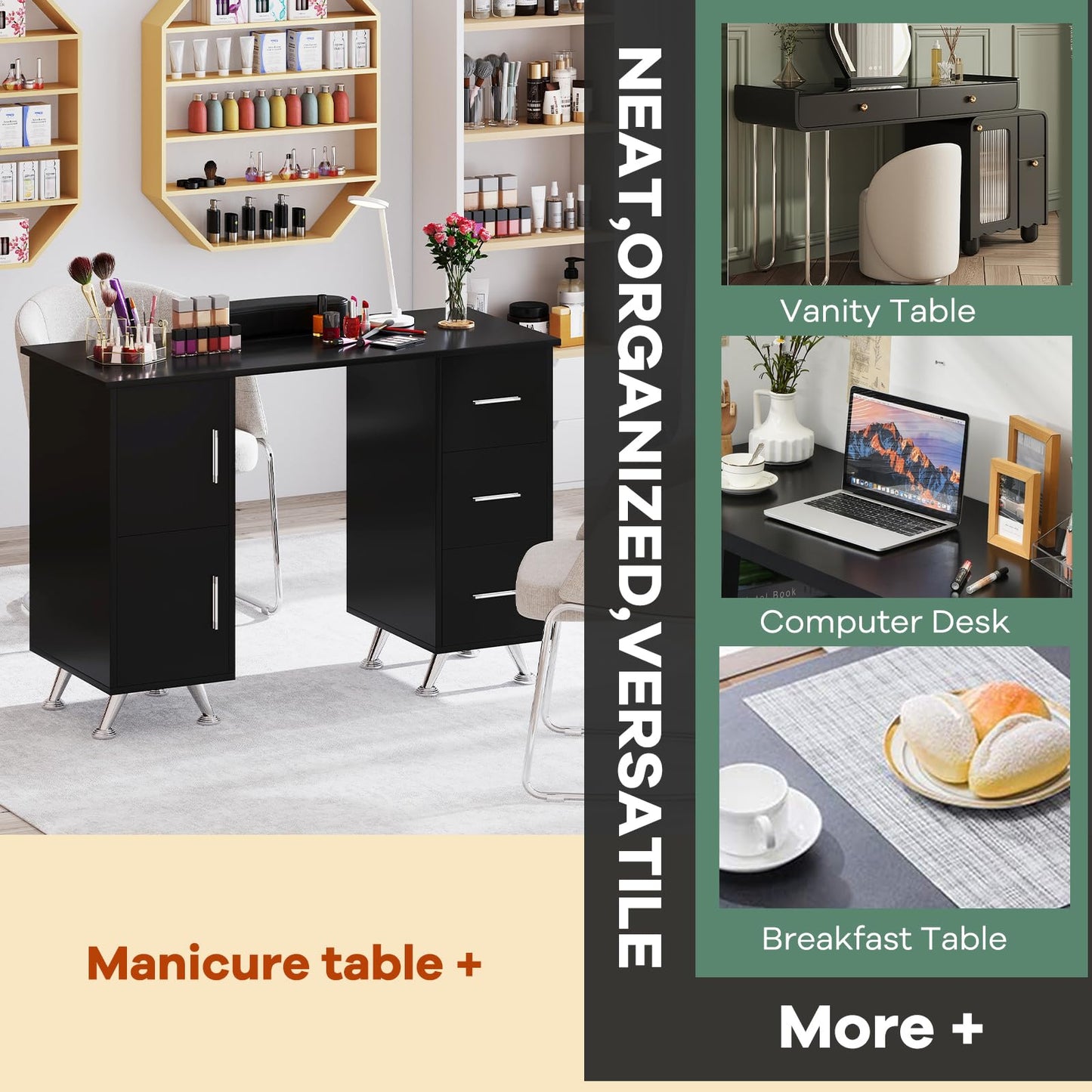 WELLHUT Nail Desk, Manicure Table for Nail Tech, Wooden Salon Station, Acetone Resistant Nail Table Computer Desk with 3 Drawers, 2 Large Cabinets, Removable Arm Rest for Home Spa Beauty Salon