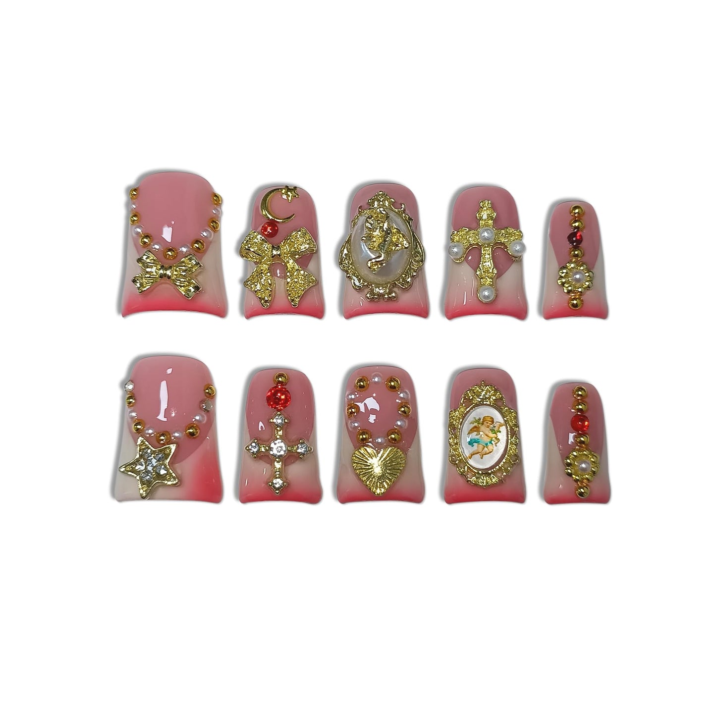 TENPAL Short Duckbill Press on Nails - Nude Pink French with 3D Angel Cross & Pearl Charms | Icy Glossy Fake Nails with Tools | Sweet Glam Style for Women Girls(S)