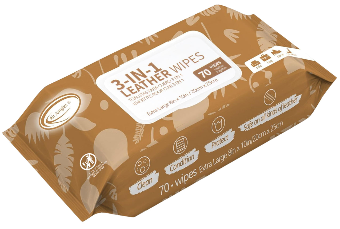 Air Jungles 3in1 Leather Cleaner Wipes 70 Count, Extra Large 8" x 10" Size, Clean Condition Protect Wipes for Vinyl and Leather Apparel Furniture Auto Car Interior Shoes Boots Bags