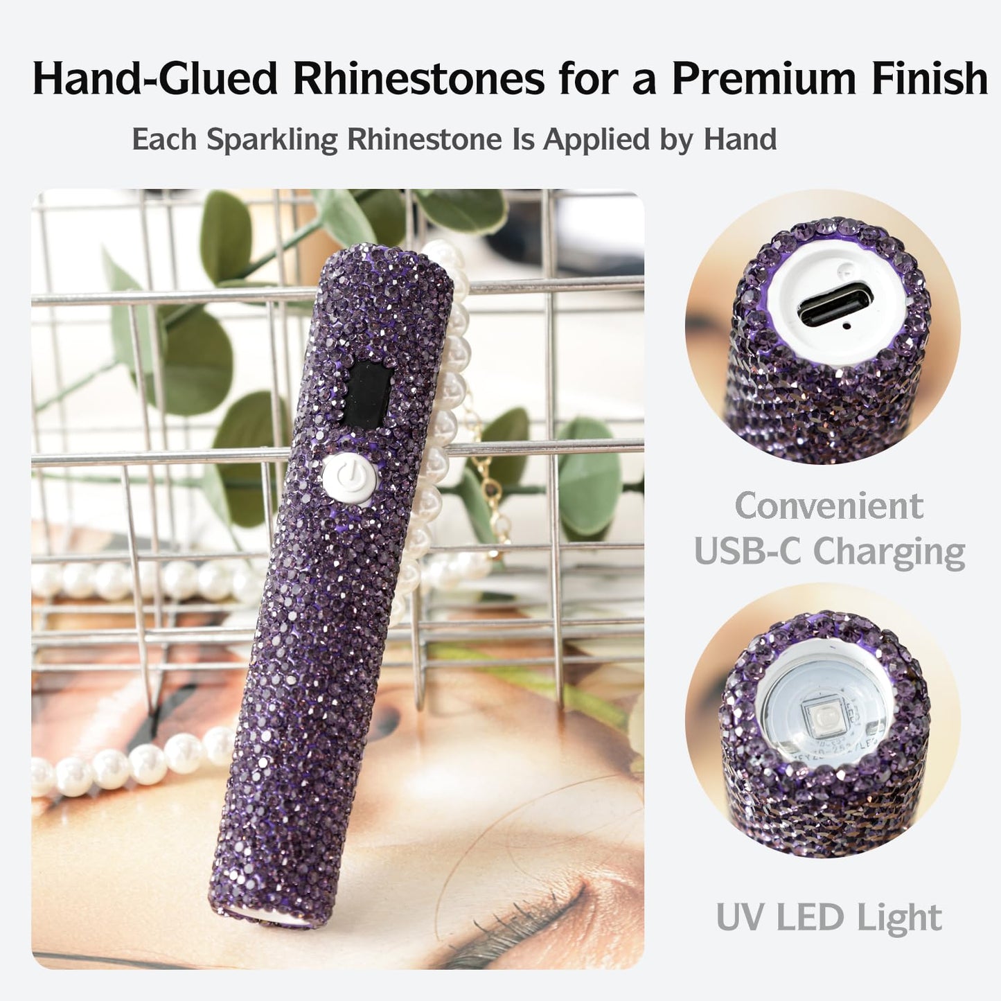 keeyada Handheld UV Nail Lamp with Sparkly Rhinestones, 3W Portable LED Nail Lamp, Wireless Rechargeable USB Nail Dryer with Silicone Stamper, LCD Display, Ideal for Home DIY Manicures (Purple)