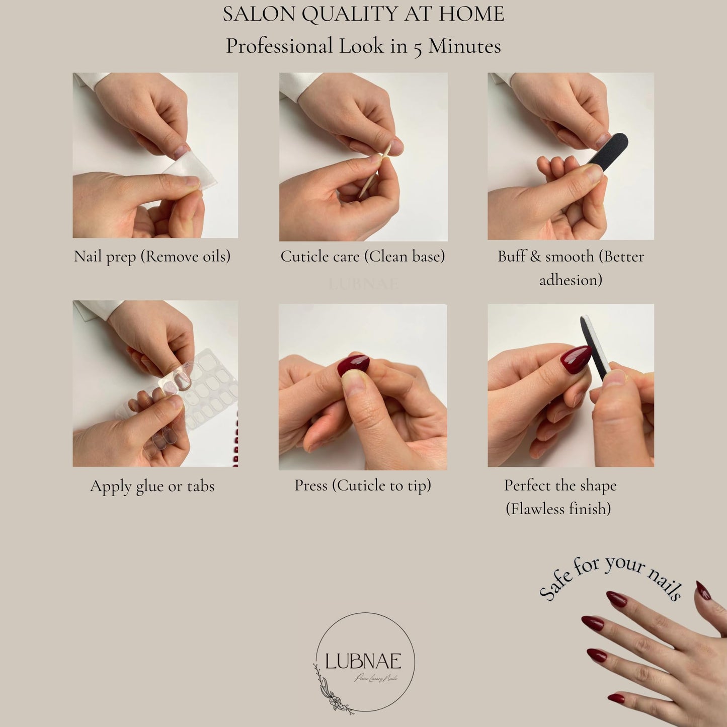Lubnae Luxury Press-On Nails – Short Almond Reusable Glue On Nails – Salon Quality At-Home Manicure Kit – Designed in Paris