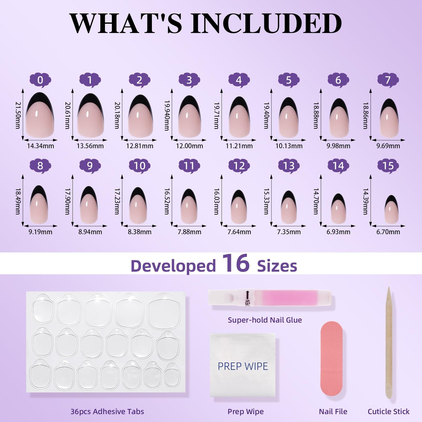 Black French Tip Press On Nails, Short Almond Fake Nails, Reusable Glue On Nails with Nail Glue, French Tip Design for Women 32 Pieces 16 Sizes