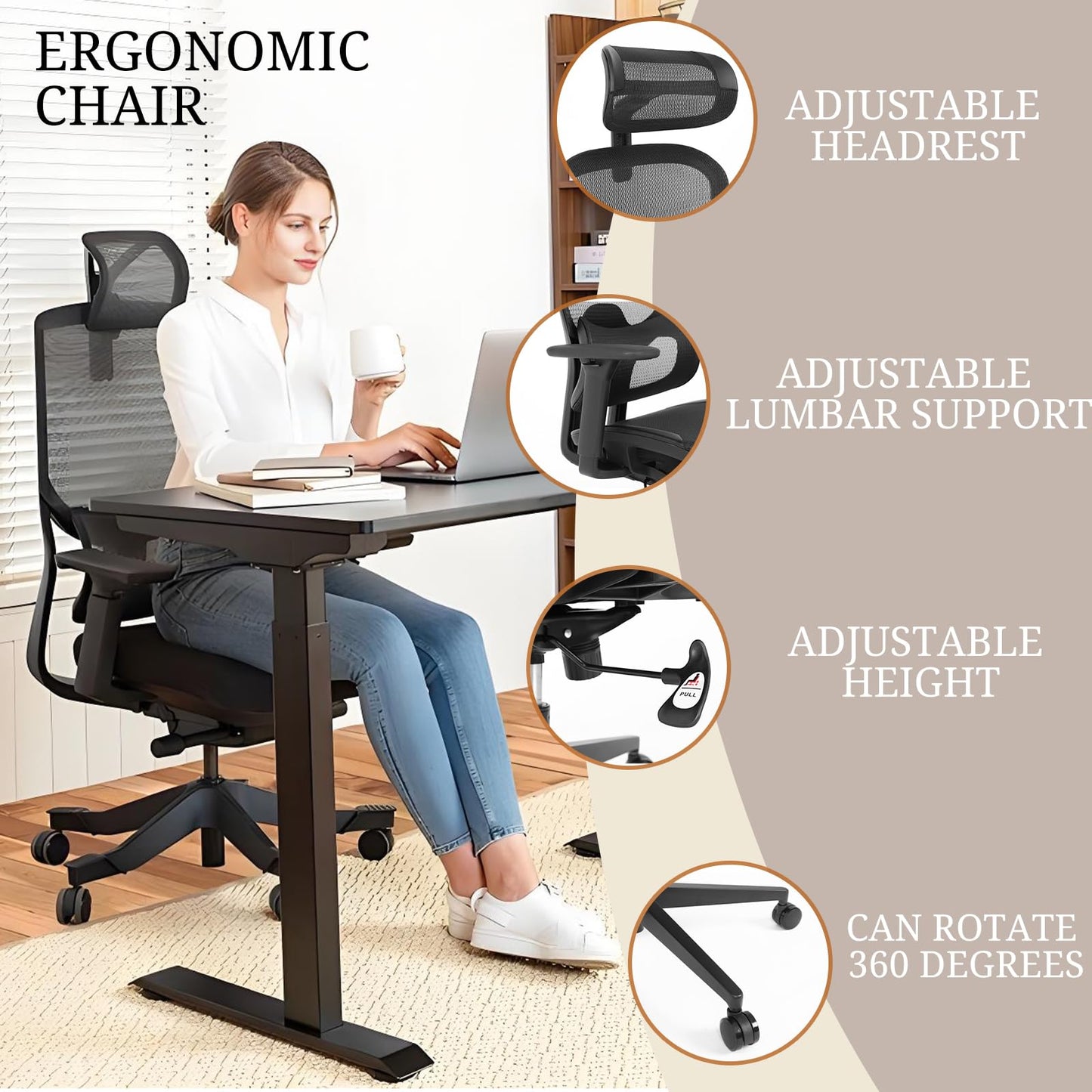 SinFurn Grod Ergonomic Mesh Office Chair with Lumbar Support - Adjustable Seat Height, Flip-Up Arms Breathable Mesh Desk Chair for Home Office, Work & Gaming (Black)