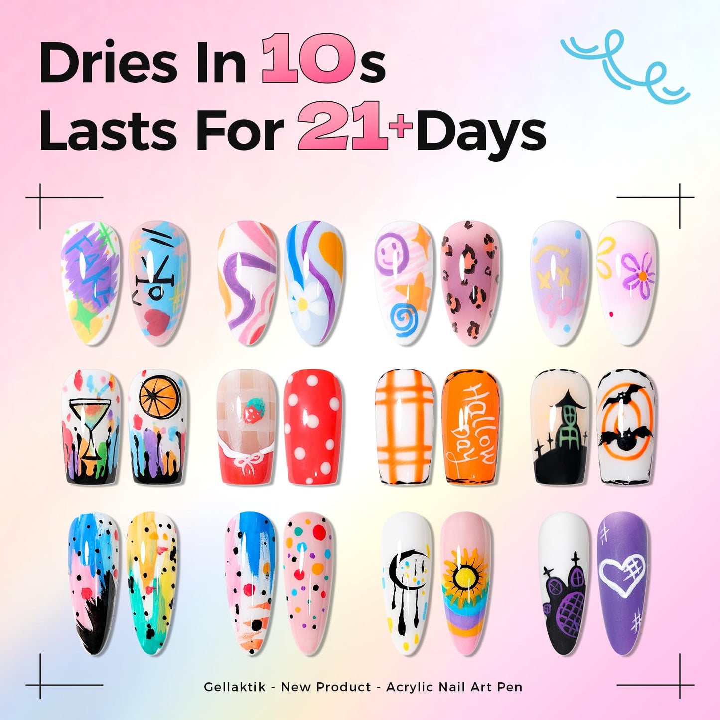 GELLAKTIK 48 Colors(24Pcs-dual) Nail Art Pens Set, 3D Nail Polish Pens Quick-Drying Acrylic Paint Markers, Dotting Liner Brush for DIY Nail Design, Home & Salon Manicure Tools, MarkerPen