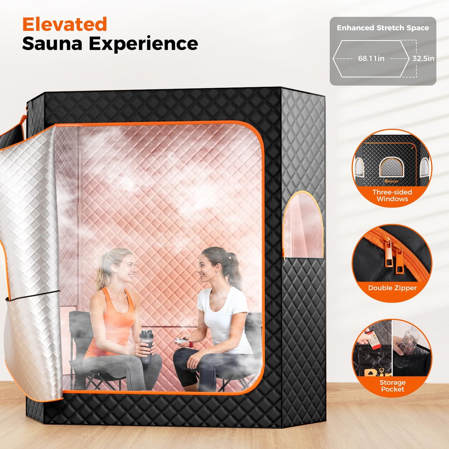 Binecer Portable Sauna Box, 2 Person Portable Steam Sauna for Home, Large Sauna Tent with 2 Steamer, Folding Chair for Relaxation-Black