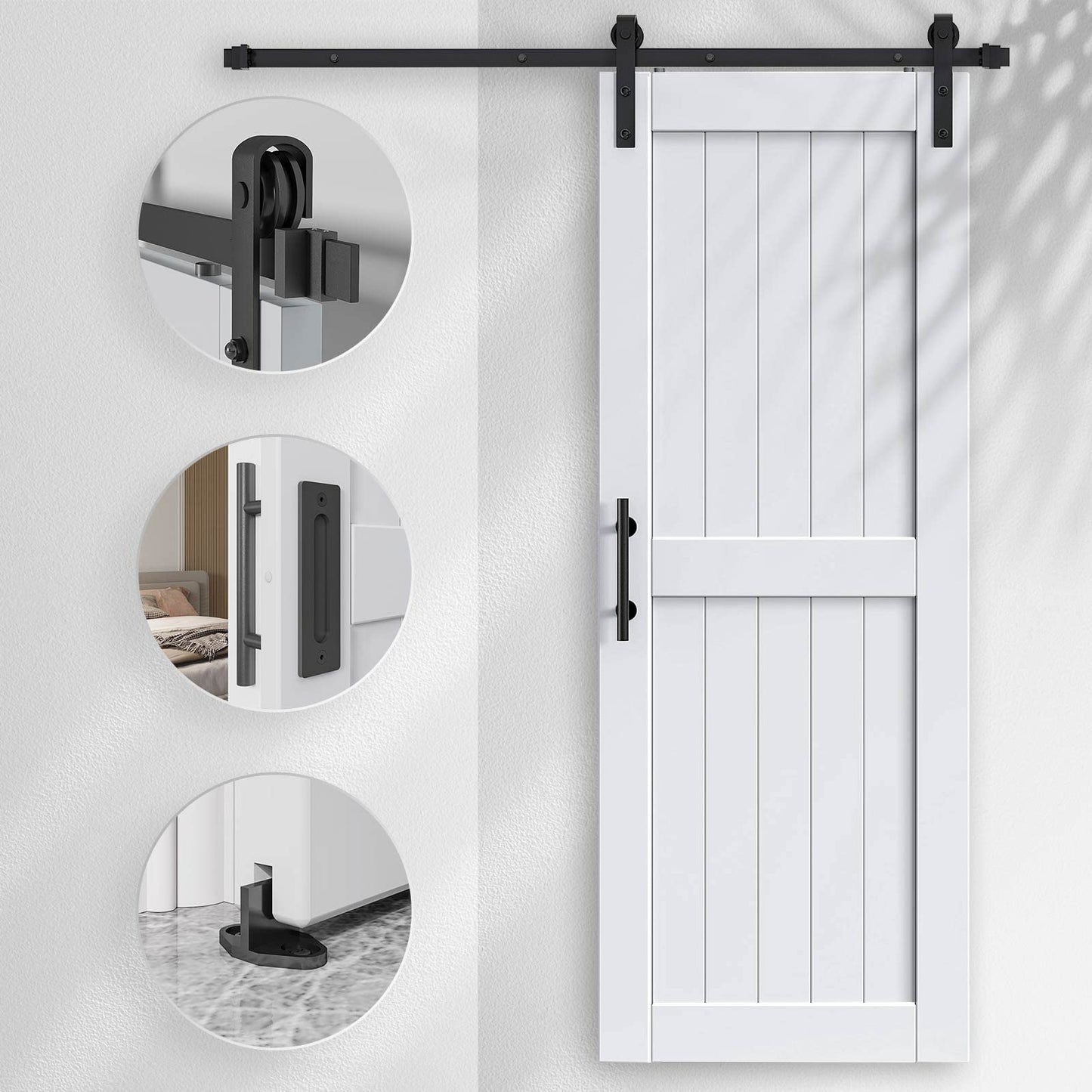 EaseLife 32 x 80 inch White Barn Door with 5.5FT Sliding Door Hardware Kit Included & Handle,Solid Wood Covered with Waterproof PVC Surface,DIY Assemblely,Easy Install,H-Frame,Fit 28-30in Wide Opening