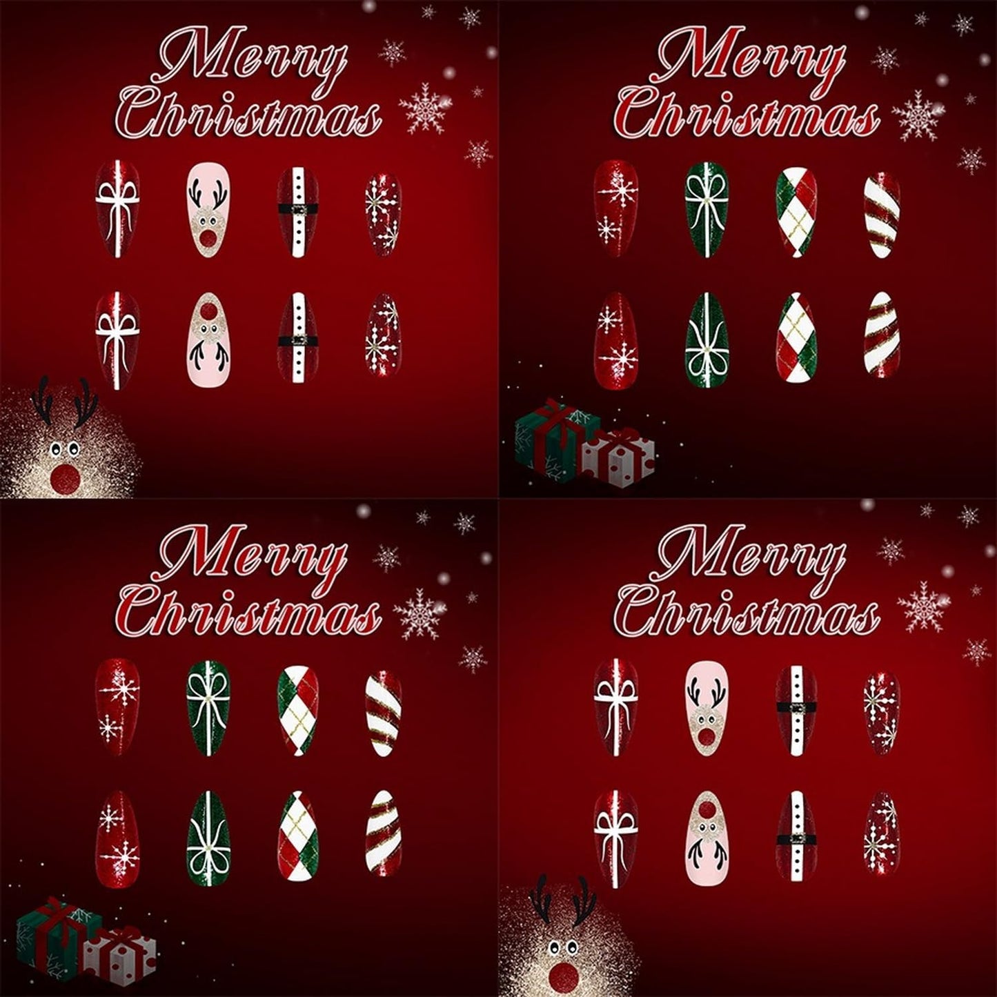 Christmas Press on Nails Kit 48 Pcs Medium Almond Fake Nails 2 Style False Nails with Bow Snowflake Reindeer Glitter Designs Glossy Glue on Nail Winter Acrylic Nails for Women Girls