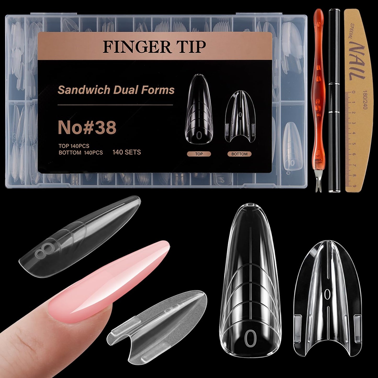 SUTOKAKA 280Pcs Sandwich Nail Dual Forms for Polygel Extension Builder Gel 140 Pairs Almond Round Top and Bottom Plastic Nail Molds for Beginners Professional at Home Salon