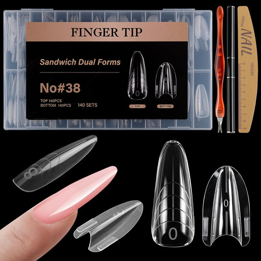 SUTOKAKA 280Pcs Sandwich Nail Dual Forms for Polygel Extension Builder Gel 140 Pairs Almond Round Top and Bottom Plastic Nail Molds for Beginners Professional at Home Salon