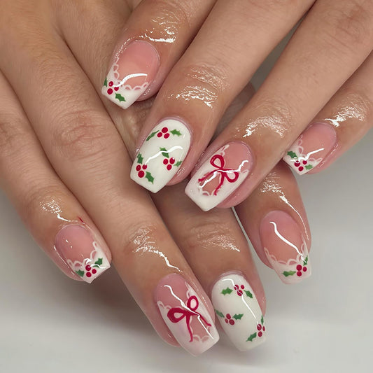 Christmas Press on Nails Short Square Fake Nails with White Red Green French Knot Lace Edge Design False Nails Full Cover Bow Acrylic Nail for Women DIY Manicure Decoration 24 Pcs