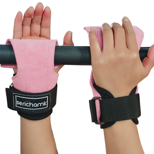 Serichamk Wrist Straps for Weightlifting with Wrist Wraps,Leather Weight Lifting Wrist Wraps Grip Assistance Deadlift Straps Workout Gym Straps for Men and Women Pink
