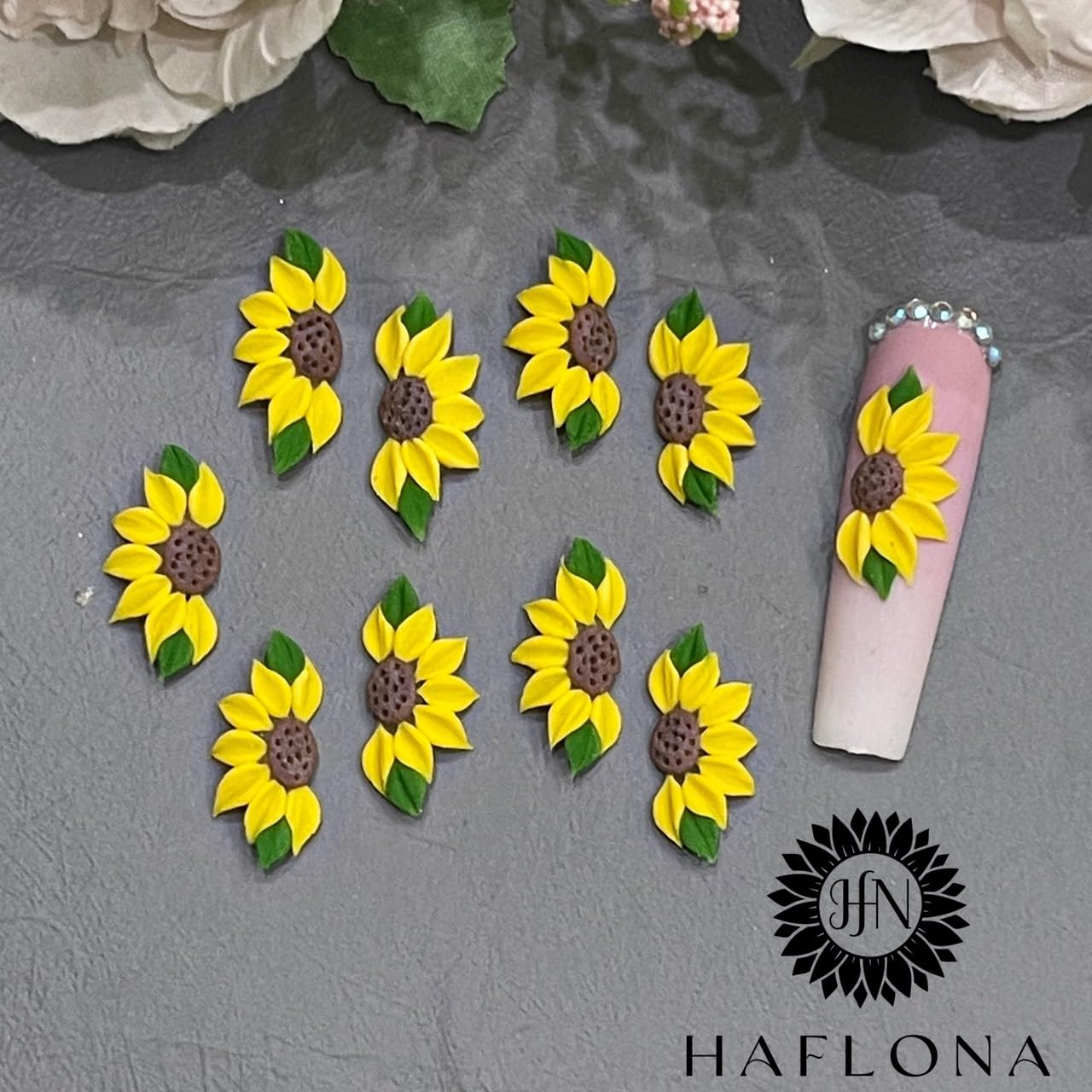 Set 10Pcs 3D Sunflowers Flower -Nail Art Charms Handmade by Acrylic Powder Design Floral Salon Decor, 3D -Flowers -Nails -Charms -for Women Girls (Halft Sunflowers 1-10PCs)
