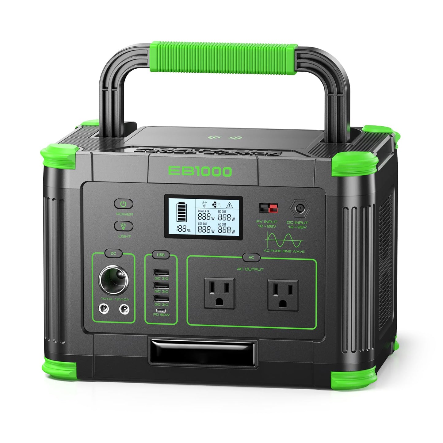 1000W Portable Power Station 999Wh, 110V Pure Sine Wave AC Outlet (2000W Peak), 60W PD USB-C & 10 Ports, Solar Generator for Home Backup, Outdoor Camping, RV, Emergency, Off-Grid Living