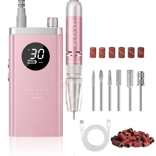 Makartt Cordless Nail Drill 30000RPM - Rechargeable Electric Nail File for Beginners & Pros Ready, Quiet 8H Efile Kit for Acrylic & Gel Removal, 48W Carbon Motor with LCD, Home & Beauty School, Pink