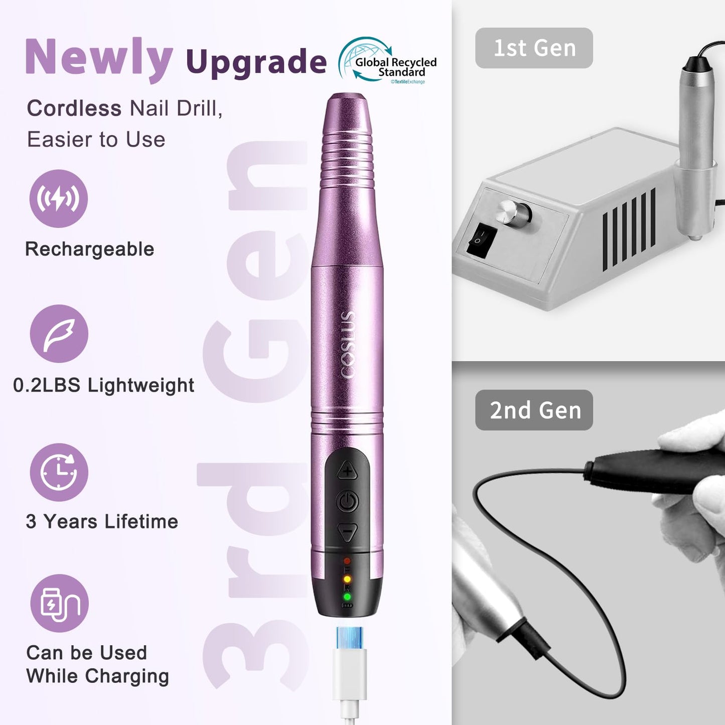 COSLUS C20 Cordless Nail Drill Electric File: Professional for Acrylic Gel Dip Powder Nails Portable Nail Drill Machine Kit for Manicure Pedicure Nail Set with Everything Rechargeable Lightweight