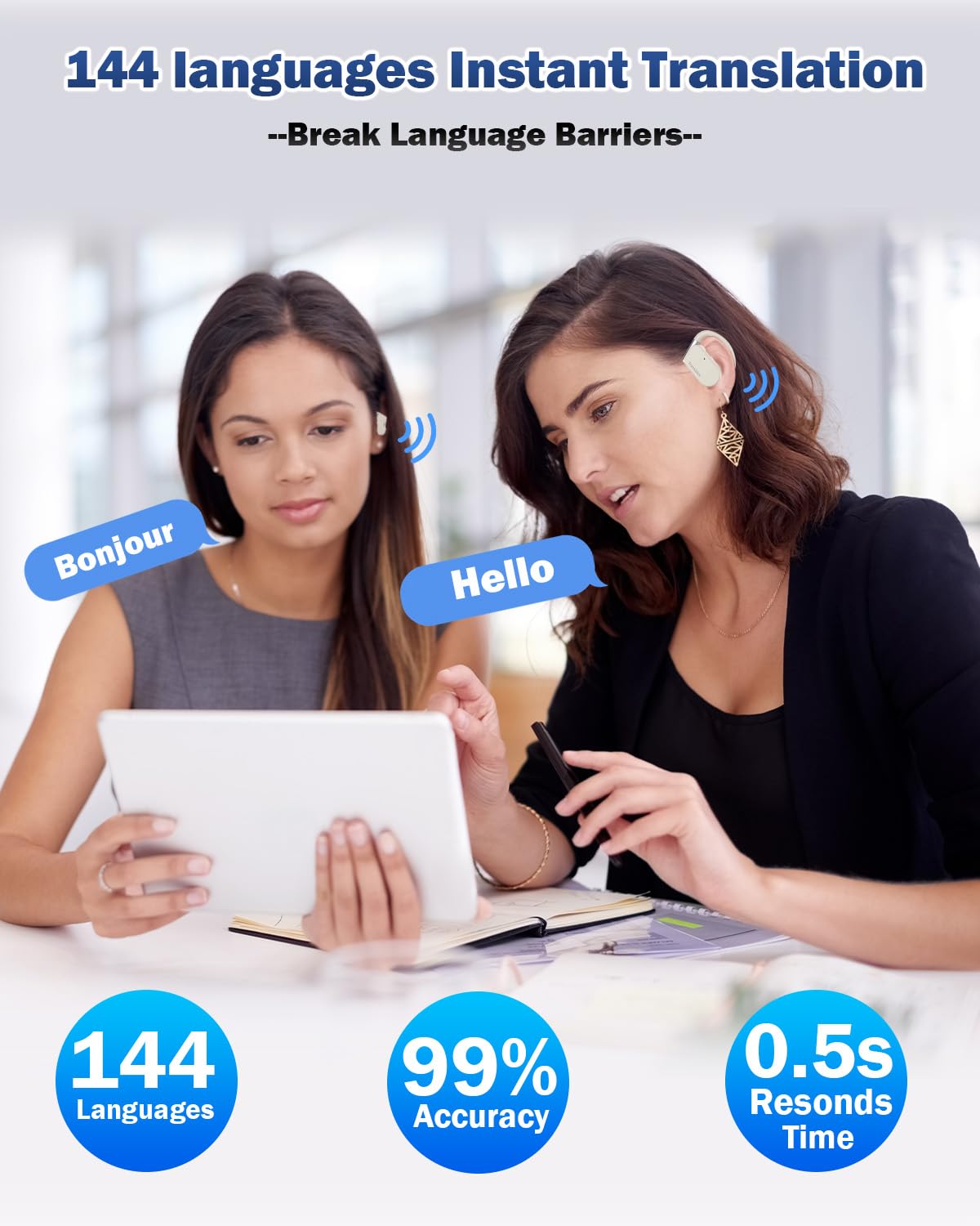 Wooask M9 Translation Earbuds, Translator Earbuds Two-Way for 144 Languages and 11 Offline Translation Packs, 3-in-1 Real-Time Translator for Travel Business Learning (Beige, Offline Version)