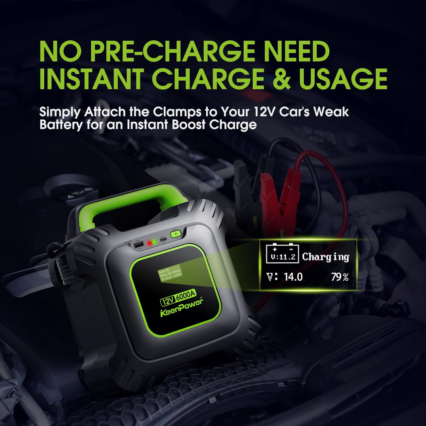 KeenPower 6000A Super Capacitor Jump Starter [Upgraded Clamps & Screen Version] – No Traditional Battery, Powered by 6X 3000F Supercapacitors, Works in -45°F Env, 3-Mins Fast Charging for Instant Use