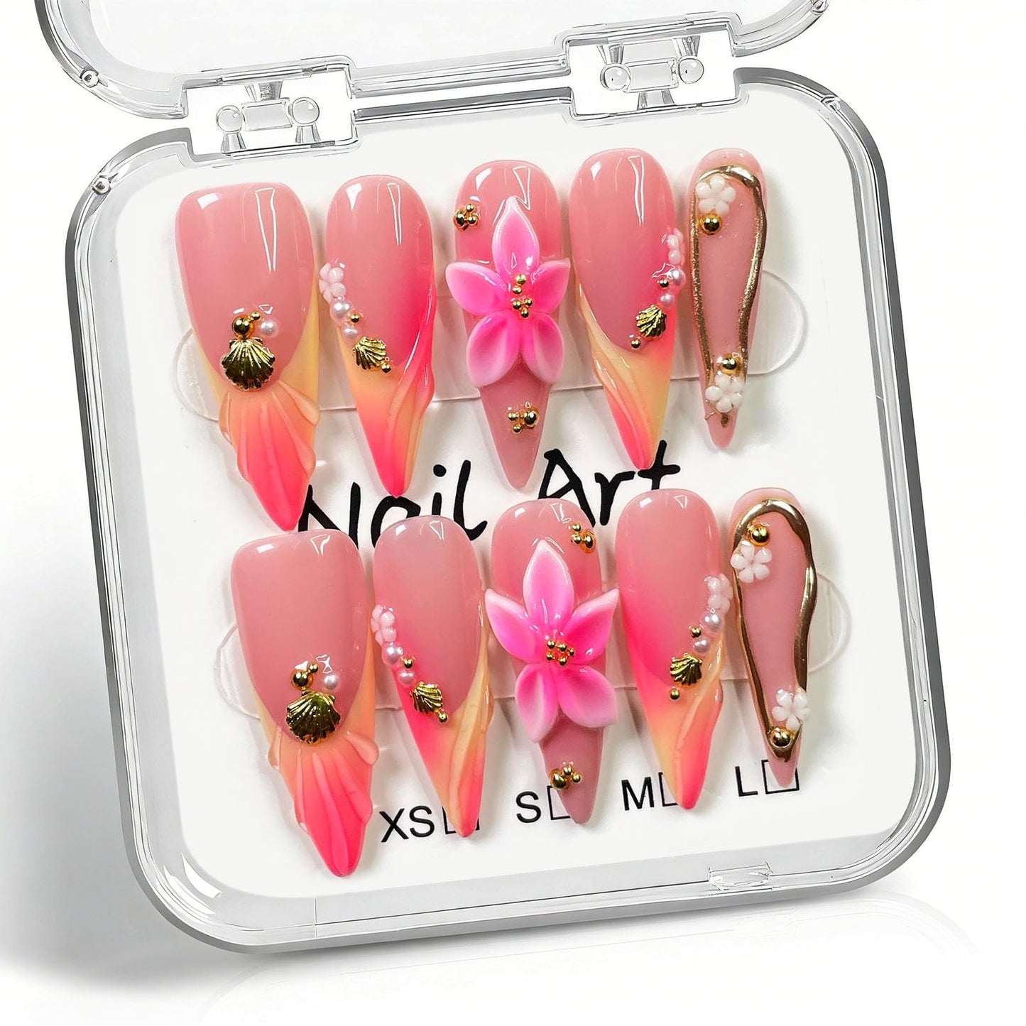 10 Pcs Handmade Press on Nails Long Stilettos Fake Nails with 3D Flowers French Tip Design Pink Acrylic False Nails Stiletto Press Ons Nails for Women Wedding Manicure - M Size