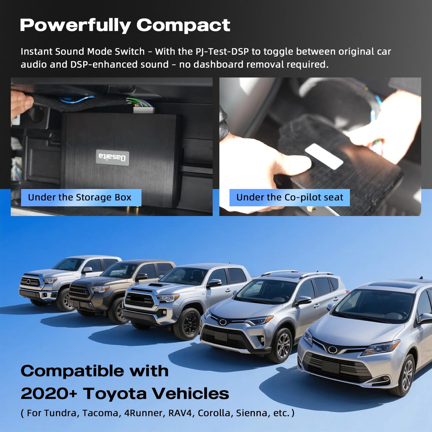 Dasaita 4-Channel DSP Car Amplifier for 2014-2019 Toyota Tundra/Tacoma/4Runner/Corolla/Sienna/RAV4(Non-JBL Models), 4x50W Max Power, 4Ω Stable, Plug & Play, 2-CH Sub Out, Treble/Mid/Bass ±15dB Tuning