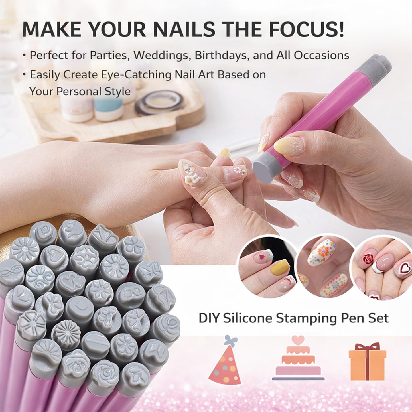 Denash 30 Pcs Nail Stamp Pens, Nail Art Pens with Diverse Patterns, Different Patterns Nails Transfer Pen for DIY Nail Art Home Salon Party Wedding Use