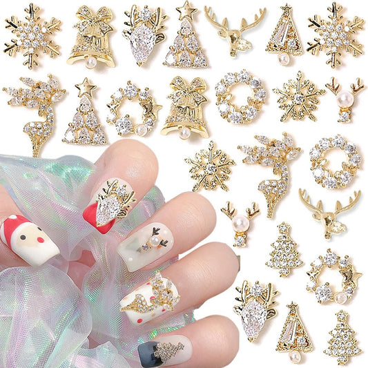 24pcs Luxury Zircon Christmas Nail Charms - 3D Snowflake, Elk, Xmas Tree, Garland Decorations - Gold Art Rhinestones Gems for Nails