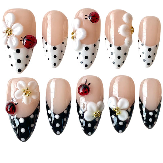 Handmade Press On Nails, 3D Floral & Ladybug Design - Medium Almond, Black & White Polka Dot with Nude Base, Thick Acrylic False Nails Ladybird (L)