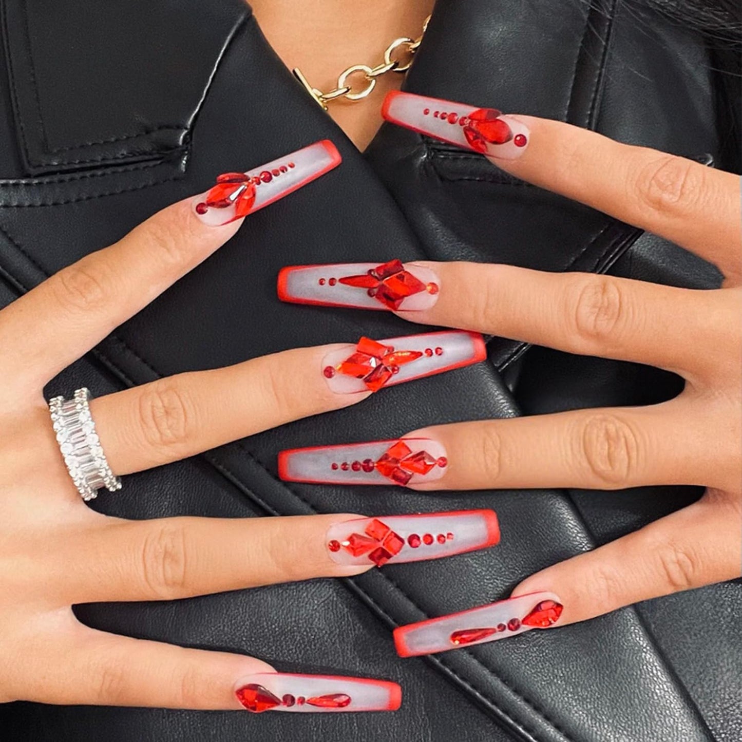 GREENTEA Handmade Nail Chinese Style Extra Long Press-On Nails, Red French Tips with Crystal Rhinestone Design, 10 Pieces,Size-M