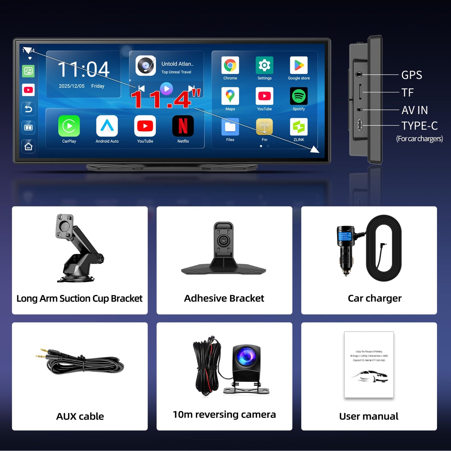 11.4" Carplay Screen for Car with Android OS Built-in GPS Navigation Carplay Android Auto Screen Net-Flix/YouTube/Google Play Car Stereo Split Screen Apps Voice Control Includes 1080P Rear Camera