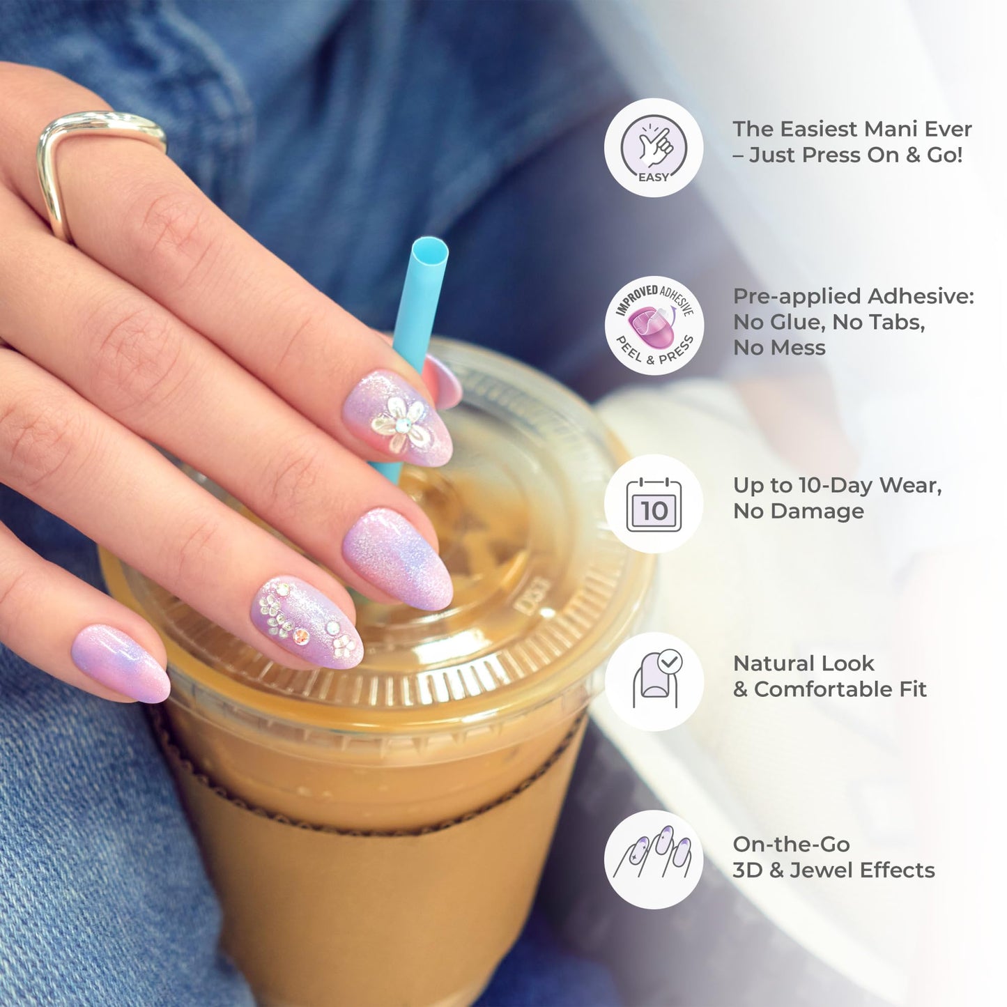 Kiss Impress No Glue Mani Press On Nails, Design, 'Pick Me First', Pink, Medium Size, Oval Shape, Includes 30 Nails, Prep Pad, Instructions Sheet, 1 Manicure Stick, 1 Mini File