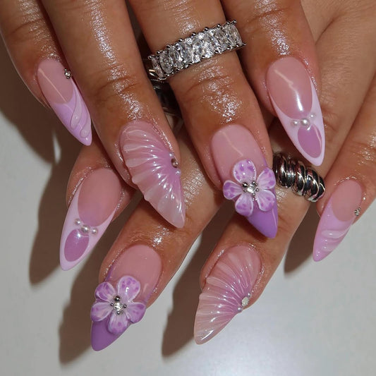 HOSAILY Purple Flower Press on Nails Medium Almond, 3D Spring Summer Floral Rhinestone Pearl Fake False Nails for Women, 24Pcs Glossy Full Cover Stick on Purple French Tip Nails with Glue