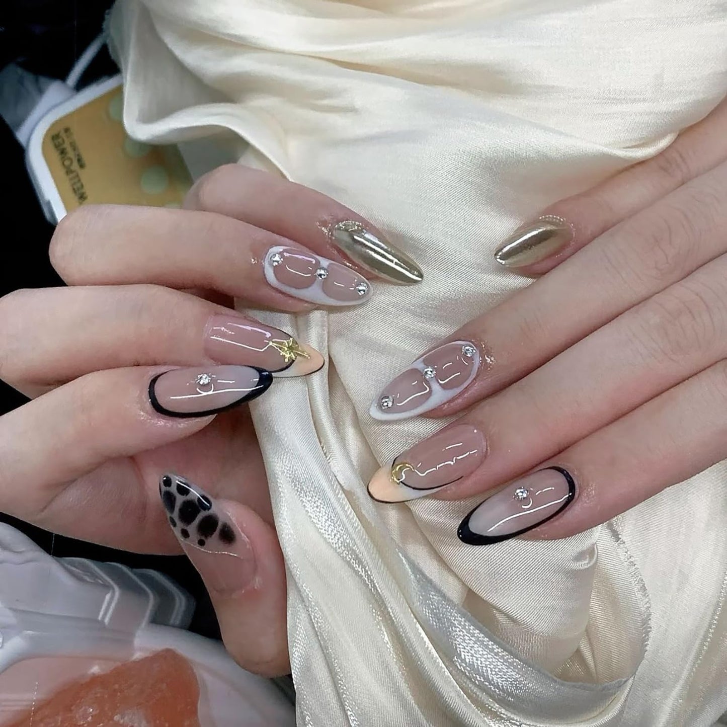Handmade Press on Nails Almond Medium 3D French Tip Thick Acrylic Fake Nails False Nails with Moon Stars Rhinestones Gold Curve Line Designs Black&White Sturdy Nail Art Press on Nails 10Pcs(S)