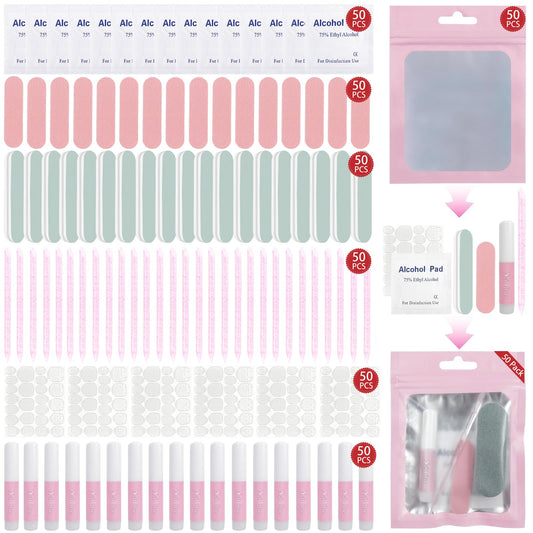 50 Set Press on Nail Tool Kit: Nail Prep Kit for Press on Nail Application with Glue,Adhesive Tabs, Mini File, Buffer, Acrylic Sticks, Prep Pads, Packaging Bag, Salon Home Business Use