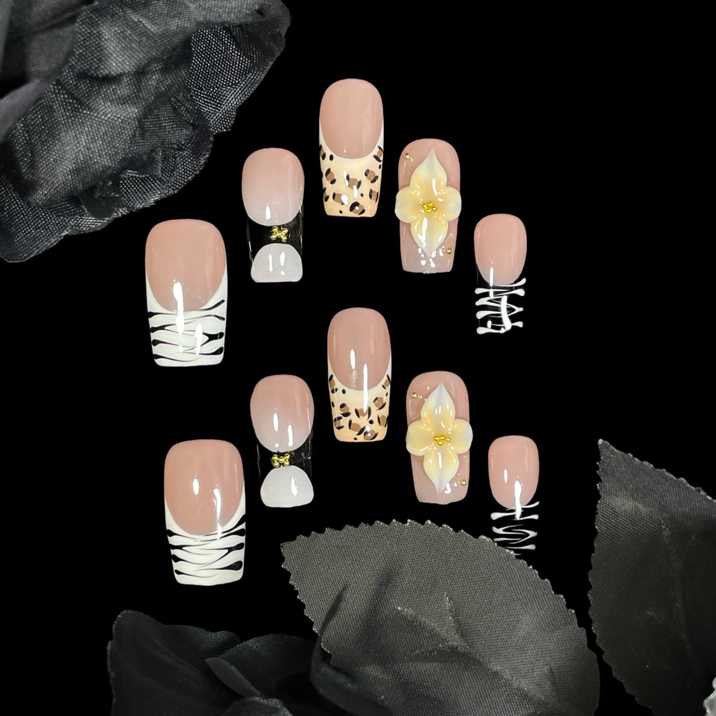 Handmade Press On Nails 3D Floral & Animal Print Medium/Short Square Leopard/Zebra/Yellow Floral Thick Reusable Acrylic False Nails (Prairie, M)