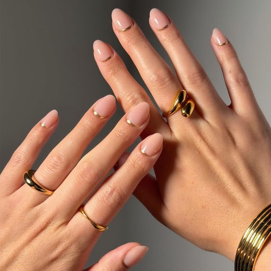 Glamnetic Press On Nails - Glam Goals | Short Oval Neutral Fake Nails with Gold Reverse French Tip, Salon Quality Nude Nails | 15 Sizes - 30 Nail Kit with Glue