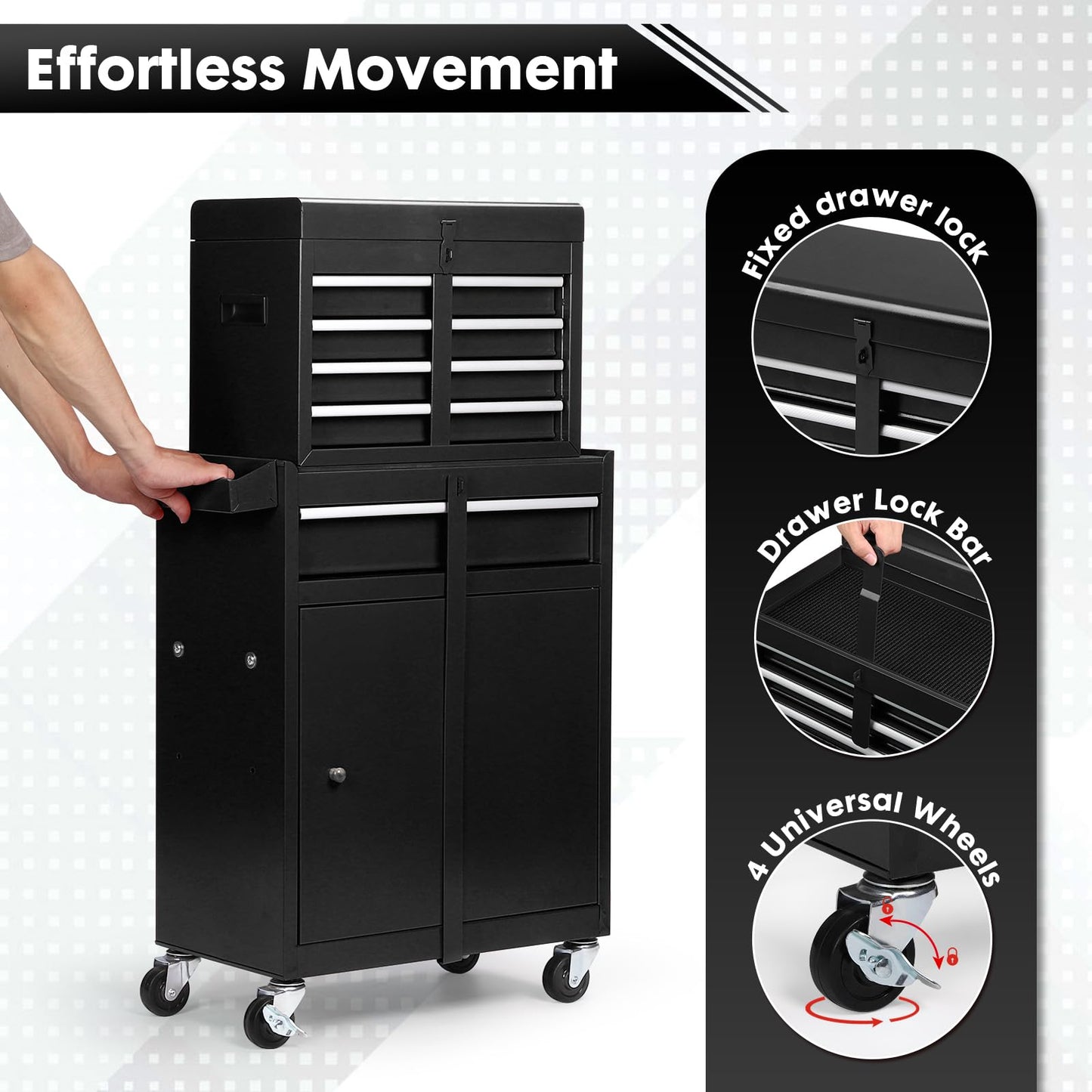 Dawmilon 5-Drawer Rolling Tool Chest with Detachable Top Box, Lockable Wheels, Adjustable Shelf, and Liner, Heavy-Duty Metal Tool Cart for Garage and Workshop Storage, Black