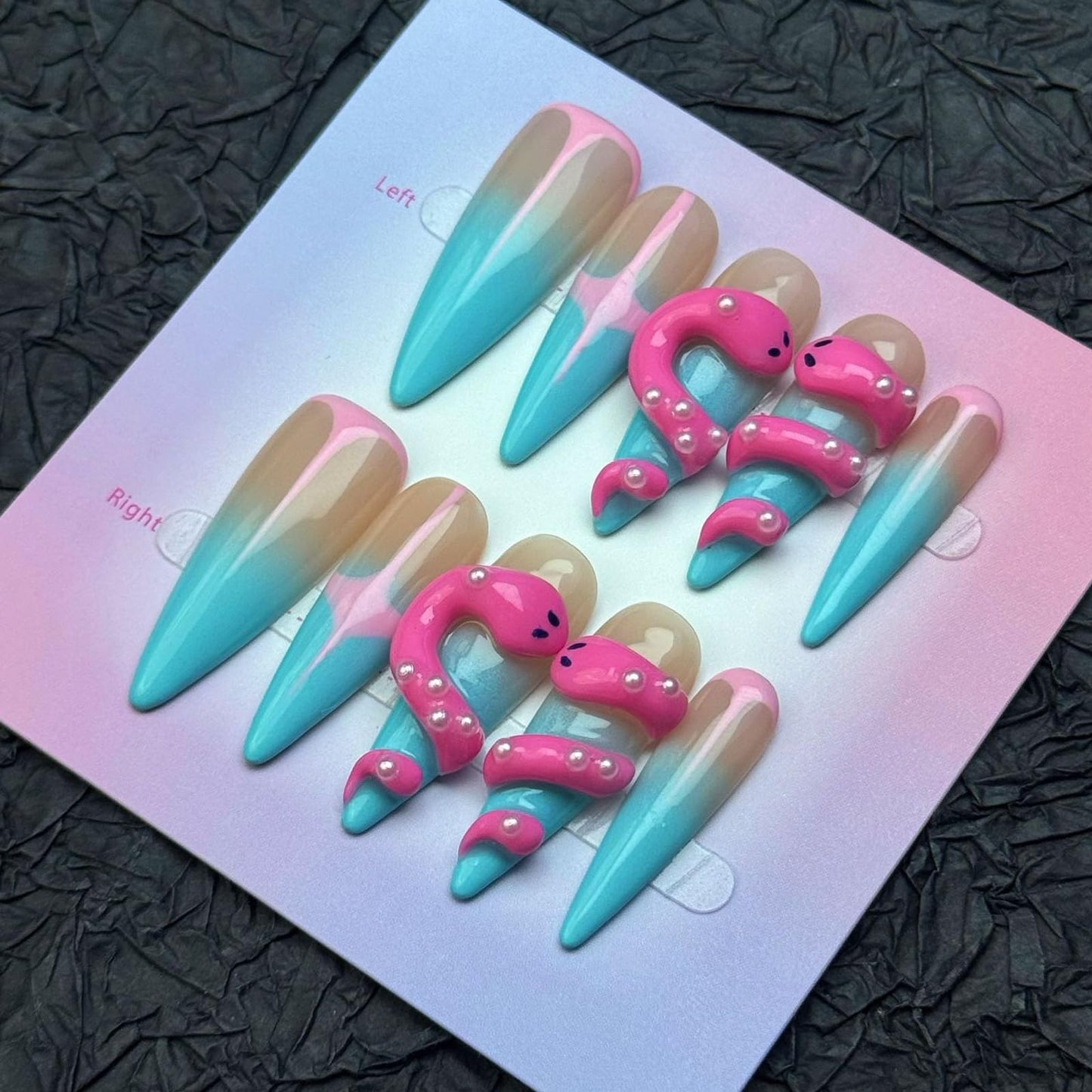 100% Handmade Press on Nails Pink Snake Fake Nails Long Stiletton False Nails Ombre Blue Glue on Nails Reusable Full Cover Halloween Handmade Nail Press ons for Women Girls Manicure 10Pcs Size L